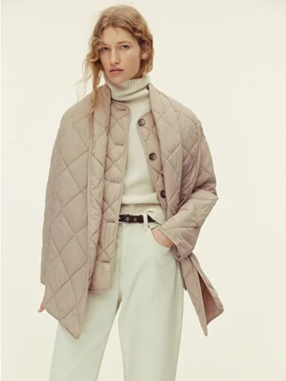 H&M Women's Beige THERMOLITE Quilted removable scarf jacket sz M - NWT